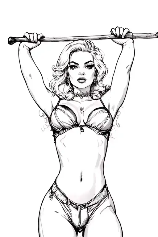 pin up girl full body black and grey holding long stick above head between legs tattoo design idea