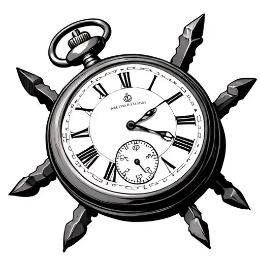 pocket watch set to 3:15 with two railroad spikes behind the watch tattoo design idea