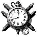 pocket watch set to 3:15 with two railroad spikes behind the watch tattoo design idea