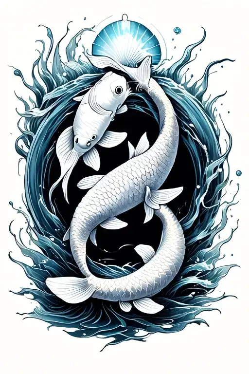 A symbolic tattoo design featuring two koi fish swimming in a circular motion (Pisces), with a seashell holding a glowin tattoo design idea