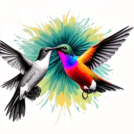 three hummingbirds flying 1 colour and 2 black and white with coloured hummingbird flying in opposite direction  tattoo design idea