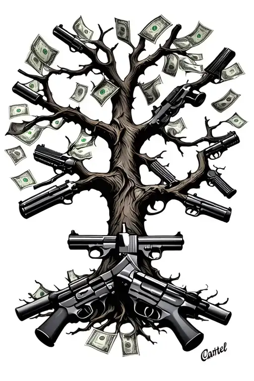 A design of a family tree with branches made of guns and money, representing the importance of family ties in the cartel lifestyle tattoo design idea