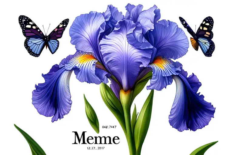 “Meme” in the stem of an iris flower with “04.27.1947 - 12.01.2017” under “meme” and butterflies around the iris tattoo design idea