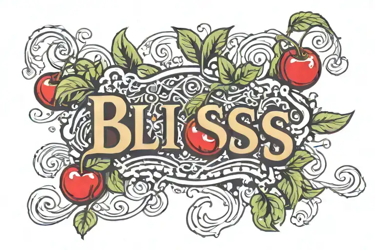 The word bliss in casino letters with a cherry dangling off tattoo design idea