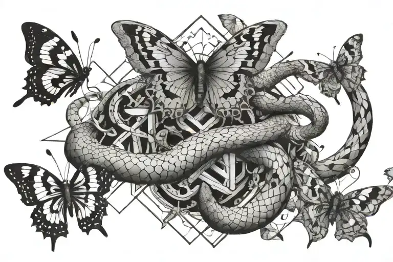 snake with butterflies tattoo design idea