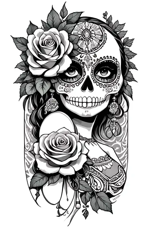 Aztec Catrina holding rose tattoo design idea