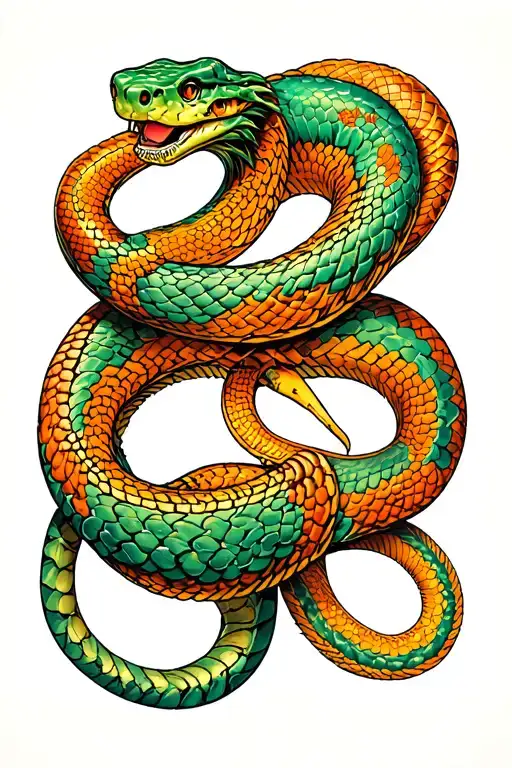 orange and green snake tattoos, framed wooden sticks, turquoise base tattoo design idea