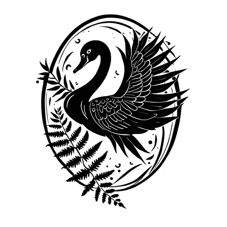 black swan with a new Zealand fern as its wings spread wide tattoo design idea