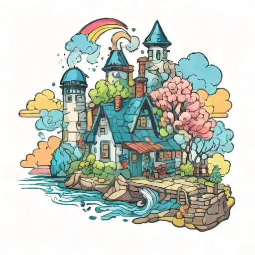 A whimsical tattoo inspired by Howl's Moving Castle, featuring a colorful scene from the movie with a touch of Monet's impressionist style, reflecting the client's love for animation and painting tattoo design idea