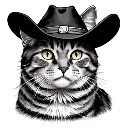 grey and white tabby cat with a cowboy hat tattoo design idea