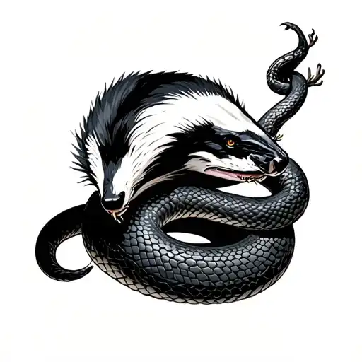 neo traditional Honey Badger eating snake intertwined tattoo design idea