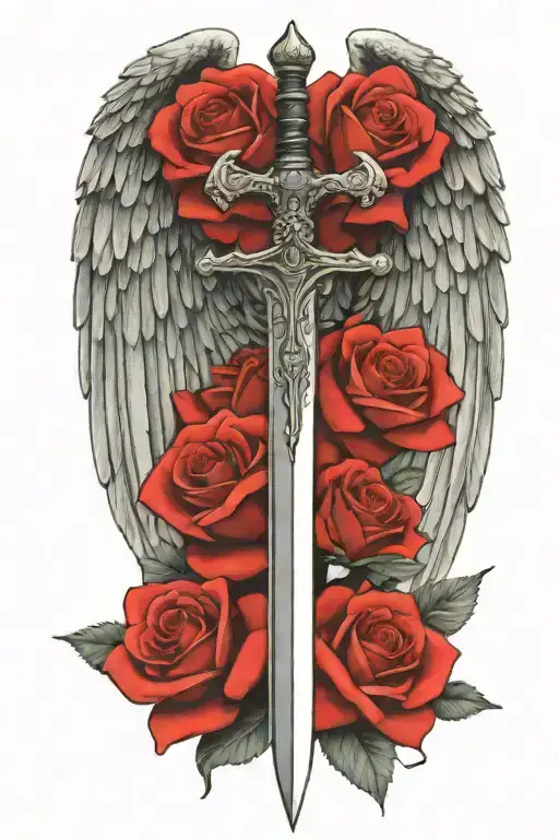 angel wings behind sword, roses tattoo design idea