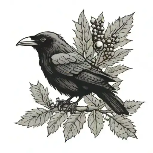 Raven on an Olive branch with a holly on the background tattoo design idea