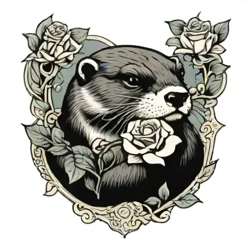 A neoclassical styled tattoo of an otter holding a rose tattoo design idea