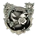 A neoclassical styled tattoo of an otter holding a rose tattoo design idea