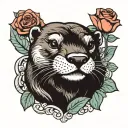 A neoclassical styled tattoo of an otter holding a rose tattoo design idea