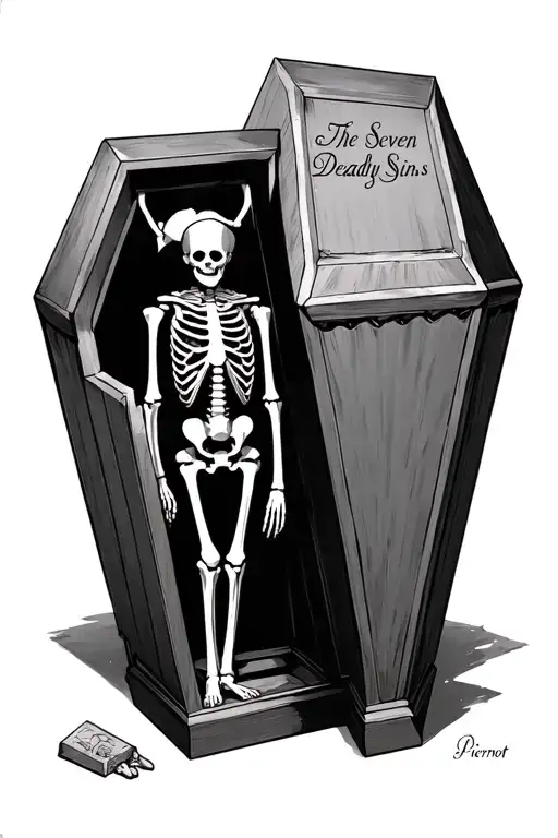 A coffin with the lid slightly open, containing Pierrot's skeleton, with the seven deadly sins written on the lid tattoo design idea