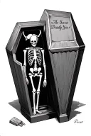 A coffin with the lid slightly open, containing Pierrot's skeleton, with the seven deadly sins written on the lid tattoo design idea