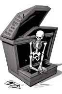 A coffin with the lid slightly open, containing Pierrot's skeleton, with the seven deadly sins written on the lid tattoo design idea