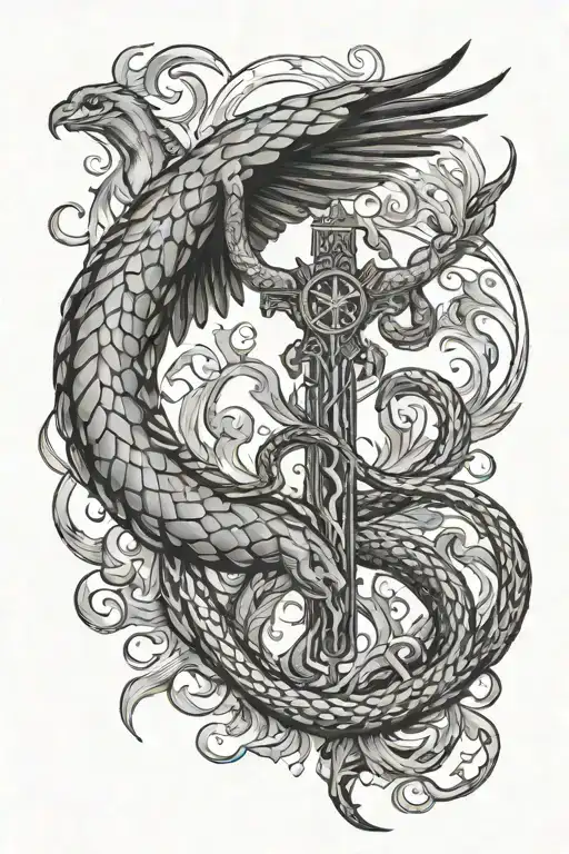 crucified snake being grabbed by a phoenix rising from the ashes tattoo design idea