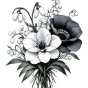 bouquet with snowdrop, lily of the valley, poppy, narcissus & honeysuckle  tattoo design idea