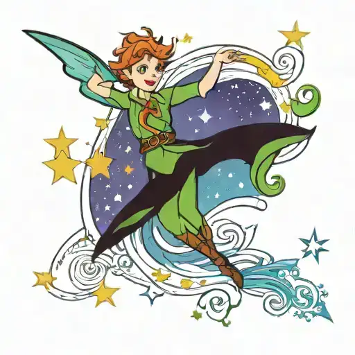 Peter Pan flying stars swirly tattoo design idea
