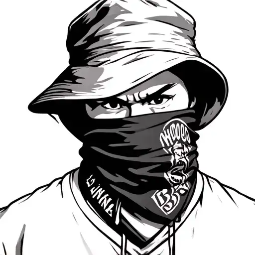 black and white face, rice hat, bandanna covering face with HOOD NINJA BBQ in it  tattoo design idea