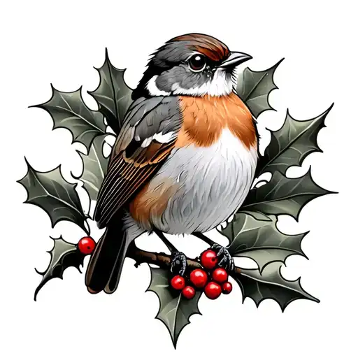 English robin perched on a holly tree branch tattoo design idea