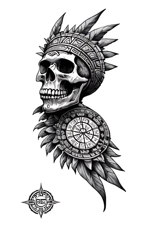 aztec skull and aztef calendar surrounded tattoo design idea