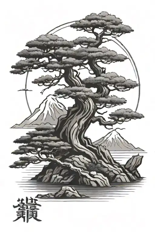 bonsai tree and mont fuji background tattoo design idea