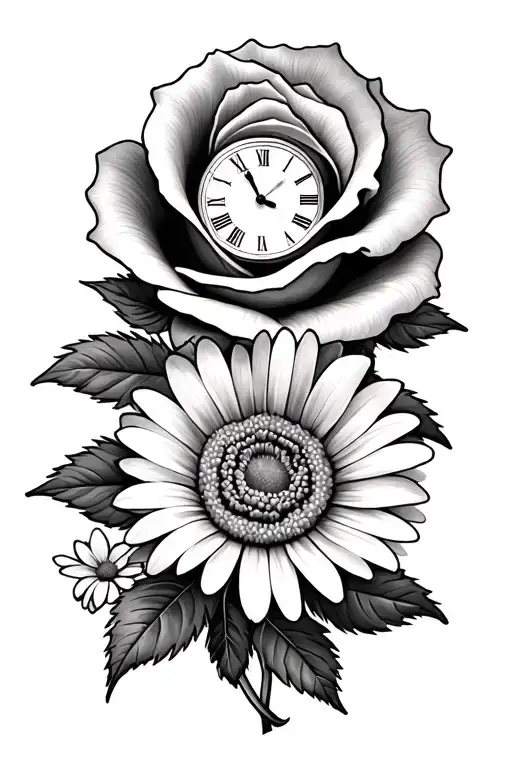 2 roses with iris flower and a daisy flower with a clock tattoo design idea