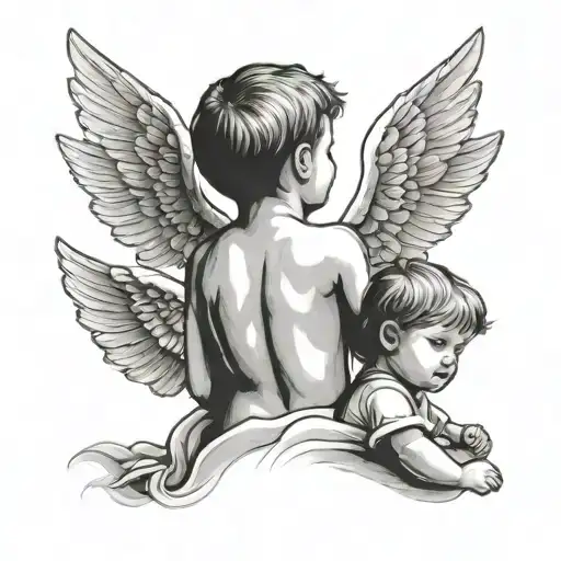 child back and 2 angels flying tattoo design idea