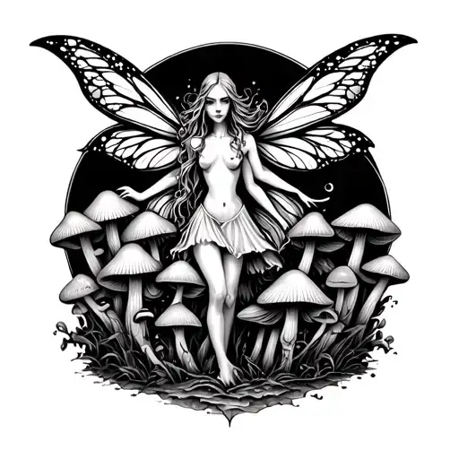 A ghostly fairy emerging from a cluster of mushrooms tattoo design idea