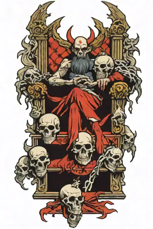 demon sitting on a throne of skulls with red eyes tattoo design idea
