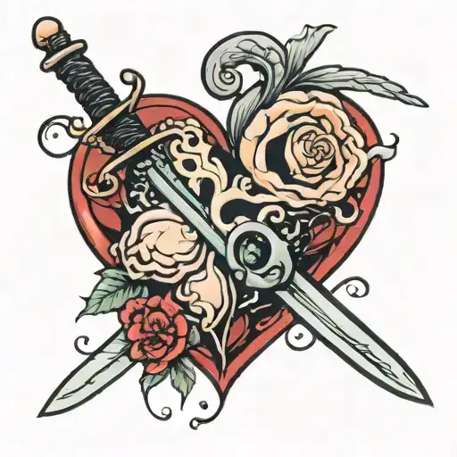 heart and brain cut in half with a katana sword tattoo design idea