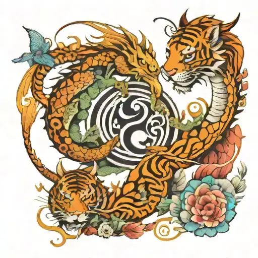 Create an image of a back tattoo on a women's back with a dragon & tiger symbolizing the Ying and yang with butterflies  tattoo design idea