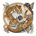 Create an image of a back tattoo on a women's back with a dragon & tiger symbolizing the Ying and yang with butterflies  tattoo design idea