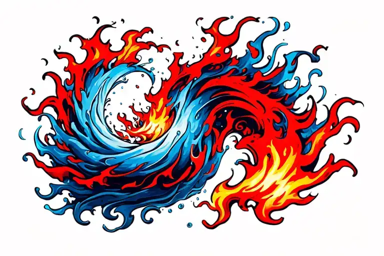 Spiral tattoo around upper thigh of fire and water clashing, red and blue energy, powerful and destructive harmony.  tattoo design idea