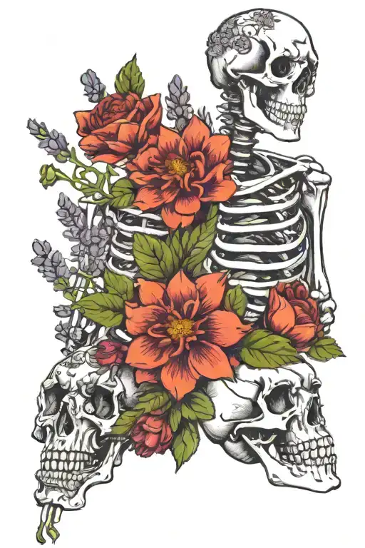 Bouquet of flowers with lavender snapdragons and dahlias held with a skeleton hand, but has teeth in it also tattoo design idea