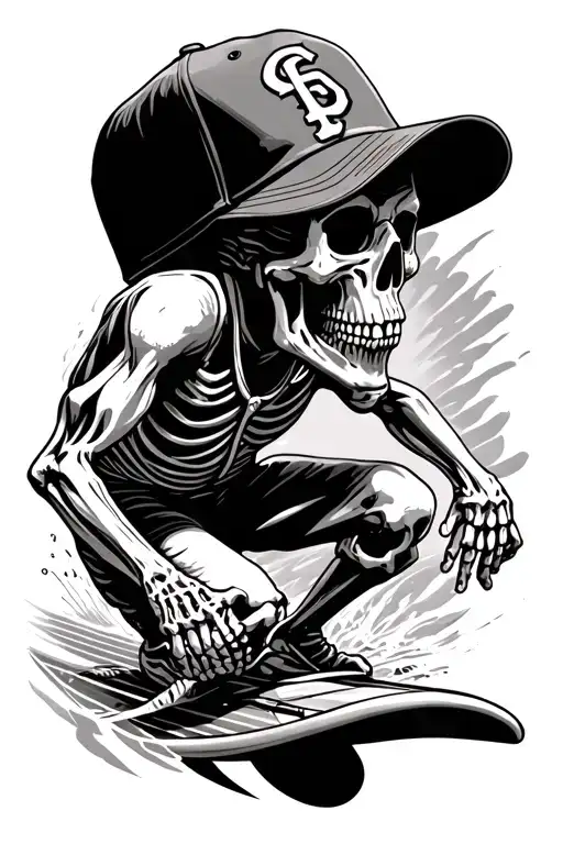 Skeleton surfing with a padres baseball hat on  tattoo design idea