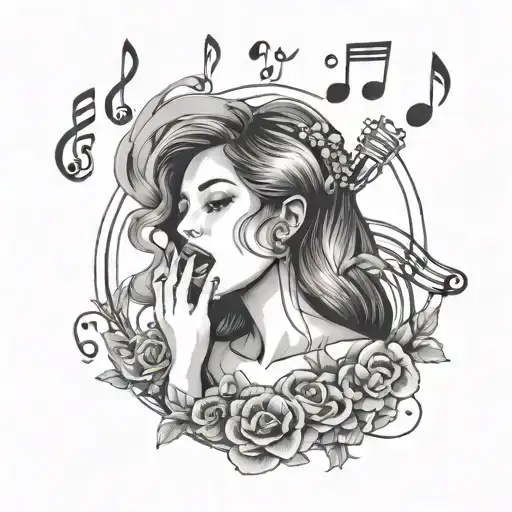 woman singing with melody by mouth surrounded by music notes tattoo design idea