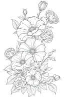 outline of a bouquet with roses and marigolds morning glory's cosmos tattoo design idea