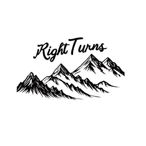 "Right Turns" "Right Turns" Cursive font with cascade mountain range next to it tattoo design idea