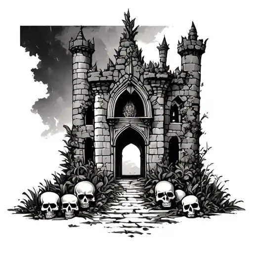 a ruined castle overgrown with plants, skulls litter the floor as a new king os crowned tattoo design idea