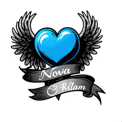 blue heart with angel wings and name banner wrapped with name: Nova tattoo design idea
