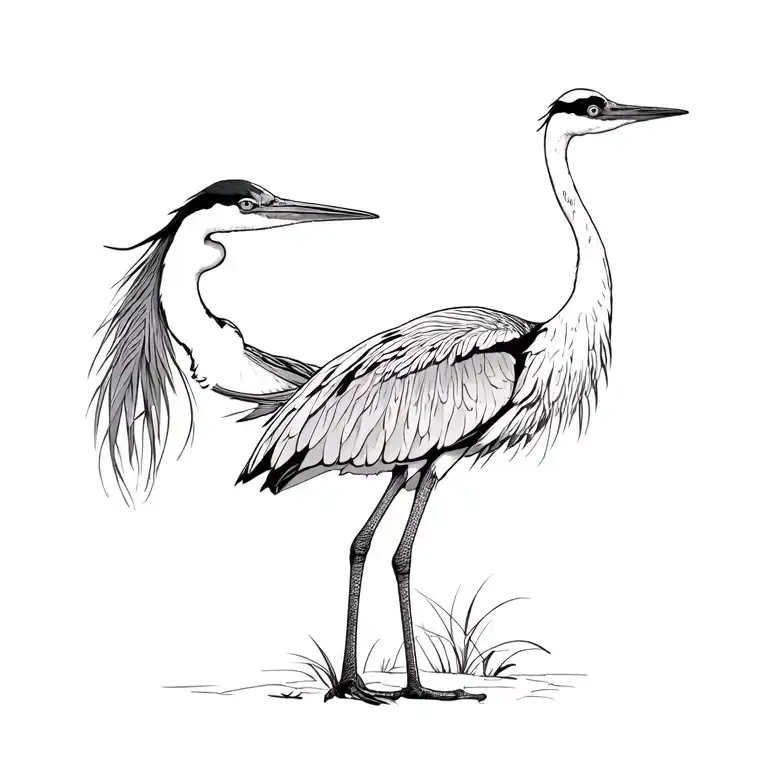 Left: Great Blue Heron standing, detailed feathers, calm posture.Right: Sandhill Crane standing, elegant, maybe with n tattoo design idea