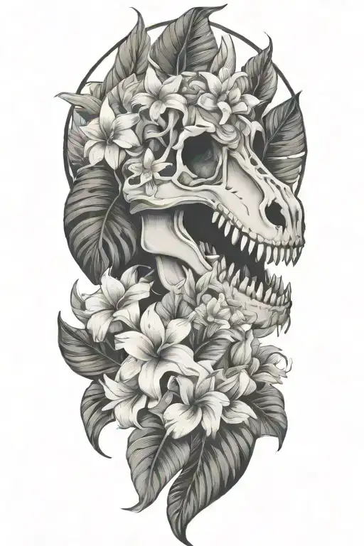 tropical leaves with flowers an T Rex skull tattoo design idea