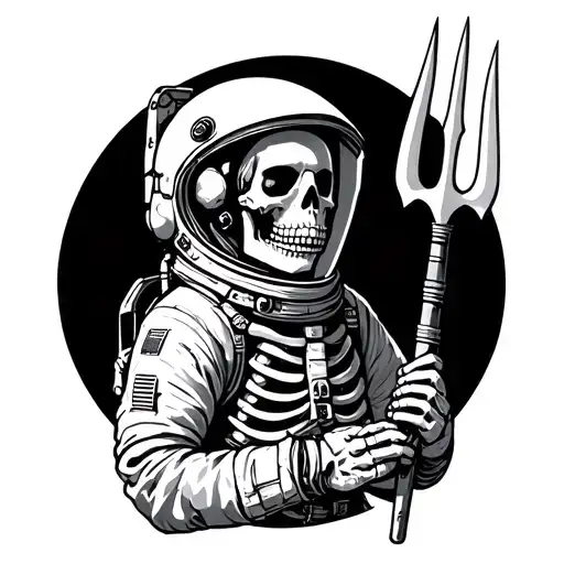 A skeleton astronaut with headshot ratio and holding a trident tattoo design idea