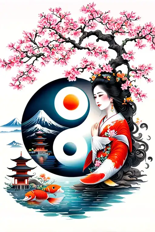 Geisha, sakura trees, three pagodas, koi fish ying yang, Mount Fuji and the sun tattoo design idea