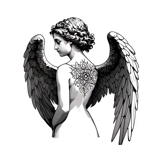 renaissance angel AND GEOMETRIC LINES ON BACK tattoo design idea